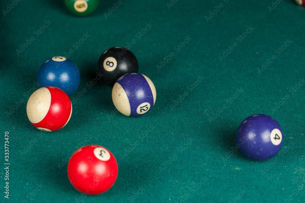 Billiards balls and cue on billiards table. Billiard sport concept Billiards balls and cue on billiards table. Billiard sport concept