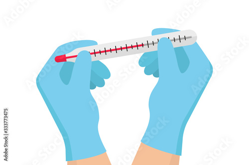 Thermometer in hands. Measure. Flat vector illustration