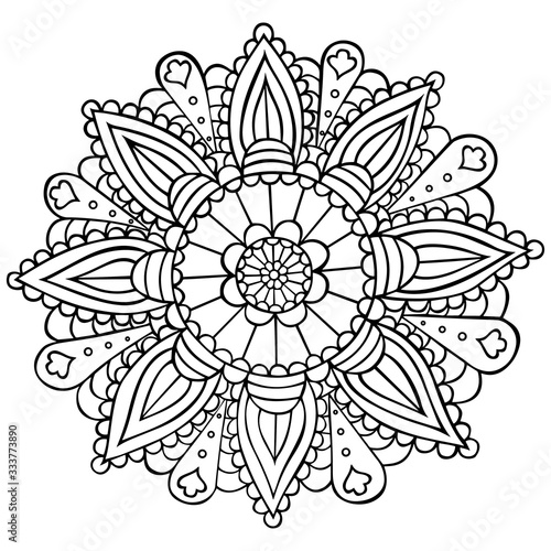 Black and white mandala for anti stress coloring, henna, Mehndi, tattoo, design and decor. Hindu and Buddhist isolated round sacred symbol in the form of a flower with repeating elements. Vector.
