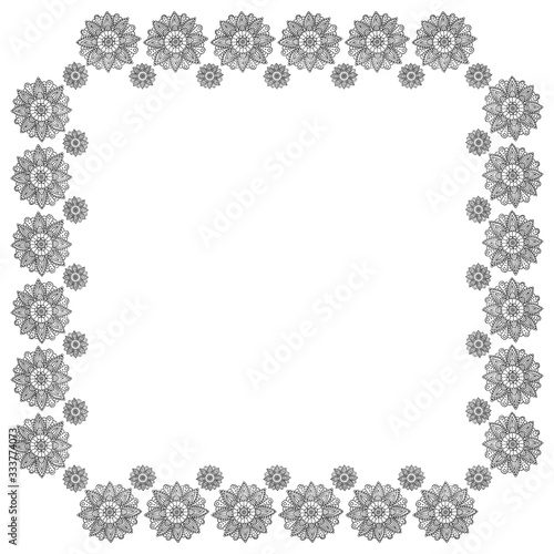 Square frame from hand-drawn black mandalas with place for text on a white background. Hindu Vedic and Buddhist round sacred symbols in the form of flowers. Template for invitation, blank. Vector.