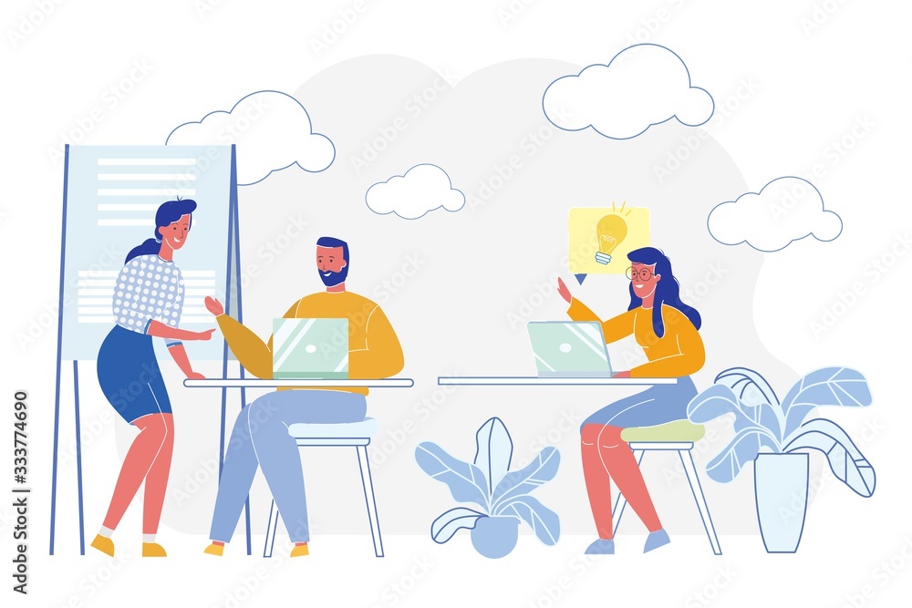 Brainstorming for Creative Common Tasks Discussing, Sharing Ideas. People Cartoon Characters, Business Team or Colleagues Generate New Thoughts and Offer Fresh Solution. Flat Vector Illustration.
