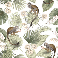 Sierkussen Tropische print patronen Tropische aap orchidee en palmbladeren  © good_mood