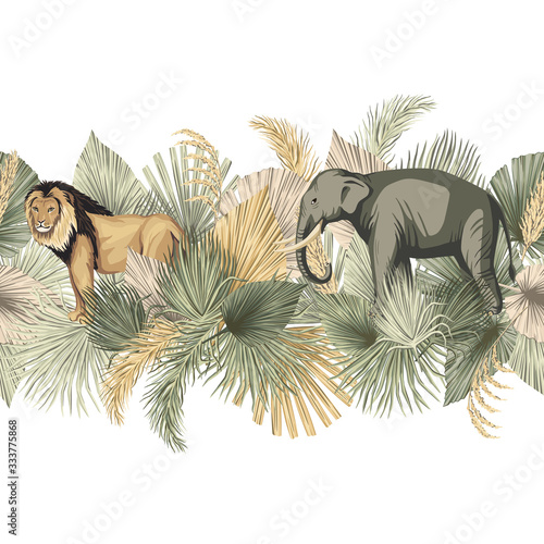Vintage tropical palm leaves, lion, indian elephant animal floral seamless border white background. Exotic safari wallpaper.