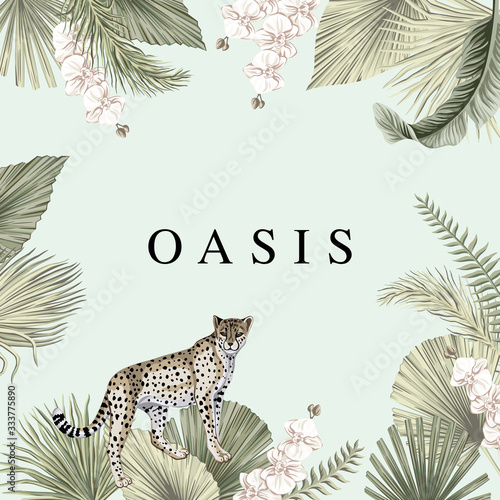 Tropical vintage leopard animal, white orchid flower, palm leaves, banana leaves floral frame blue background. Exotic jungle illustration. Oasis slogan.