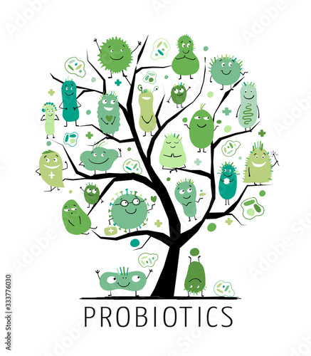 Concept of family tree for funny and scary bacteria characters. Vector logo of gut and intestinal flora, germs, virus.