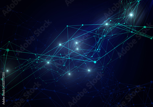 Plexus lines, dots and light beams with light points. Abstract technology, science and engineering background. Depth of field settings. 3D rendering
