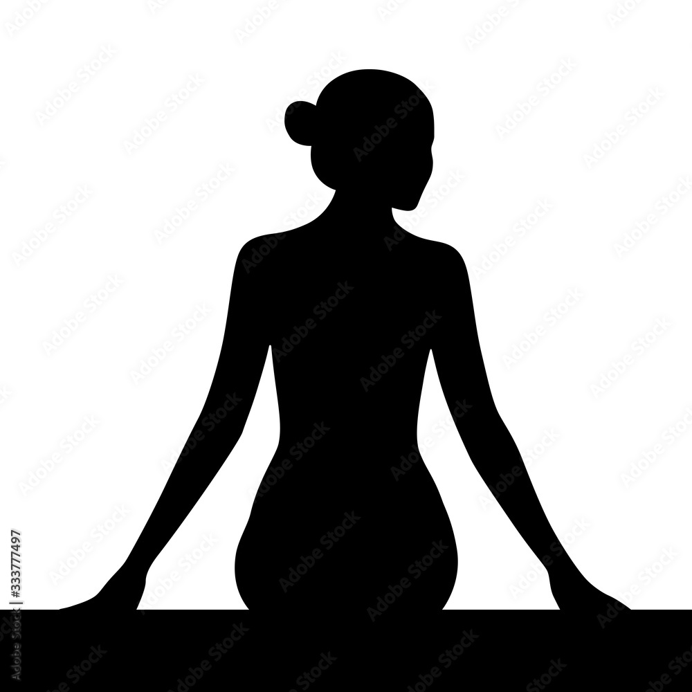 Back view of young woman sitting on pool edge. Black and white silhouette.