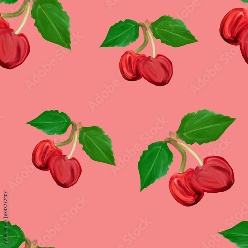Fototapeta Naklejka Na Ścianę i Meble -  Cute cherry seamless pattern. Good for textile, wrapping, wallpapers, Sweet red ripe cherries isolated on pink background. Gouache hand drawing illustration