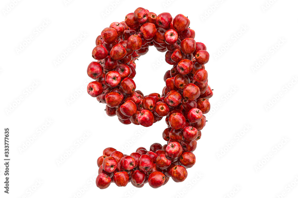 Number 9 from red apples, 3D rendering Number 9 from red apples, 3D rendering
