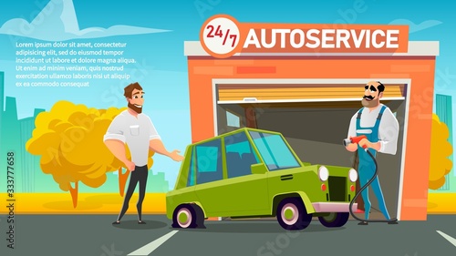 Text Poster Advertises Round-the-Clock Autoservice. Car Owner Visiting Repair Center, Garage Station for Punctured Tire Fitting or Wheel Replacement. Mechanic Greeting Client. Vector Flat Illustration