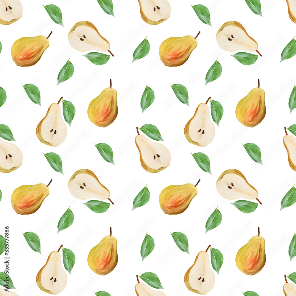 harvest sweet pears with leaves fruit gouache illustration freehand drawn seamless pattern on white background. Food pattern, painted manually harvest sweet pears with leaves fruit gouache illustration freehand drawn seamless pattern on white background. Food pattern, painted manually