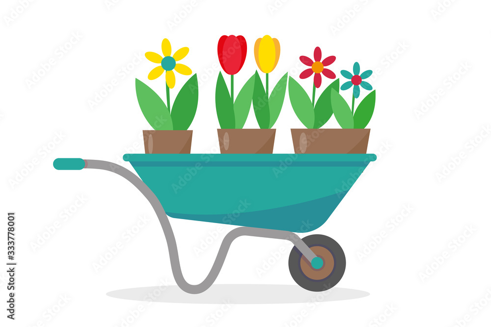 Garden cart with flowers in pots.