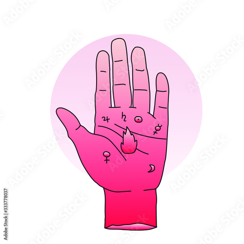 Hand drawn palm with alchemical symbols in simple line art style. Vector illustration for tattoo design or fashion print.