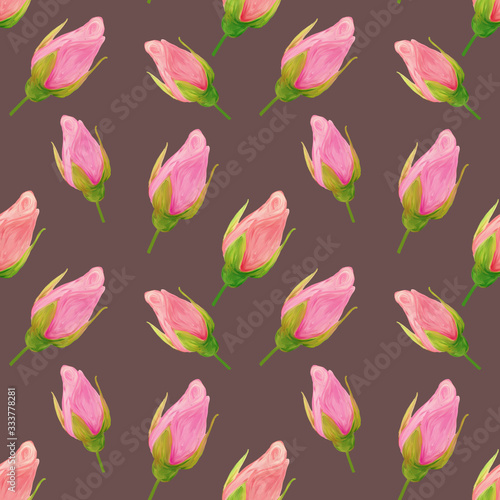 Rose flowers handmade gouache, oil paint seamless pattern gentle on brown background. Background for web pages, wedding invitations, save the date cards