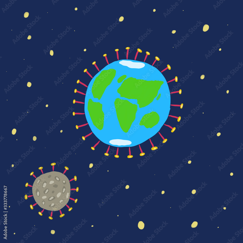 Hand drawn virus on the earth and moon, covid-19, coronavirus poster Hand drawn virus on the earth and moon, covid-19, coronavirus poster