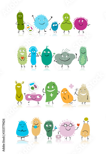 Funny and scary bacteria characters isolated on white. Vector icons of gut and intestinal flora, germs, virus.