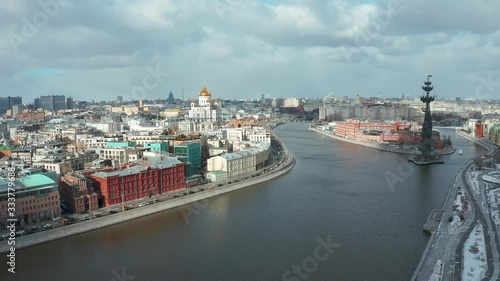 Aerial: Landscape Moscow River in cloudy weather, Peter the Great Statue