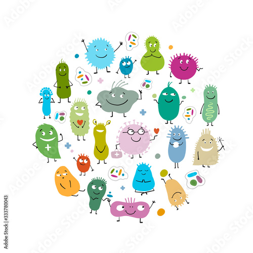 Funny and scary bacteria characters isolated on white. Circle frame background for your design. Icons of gut and intestinal flora, germs, virus.