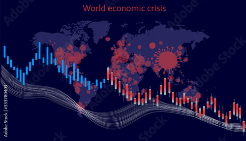 Vector illustration of stock market changes during the Covid-19 coronavirus pandemic. Forex trading graph in graphical form. The global economic crisis. Map of the spread of the virus in the world. 