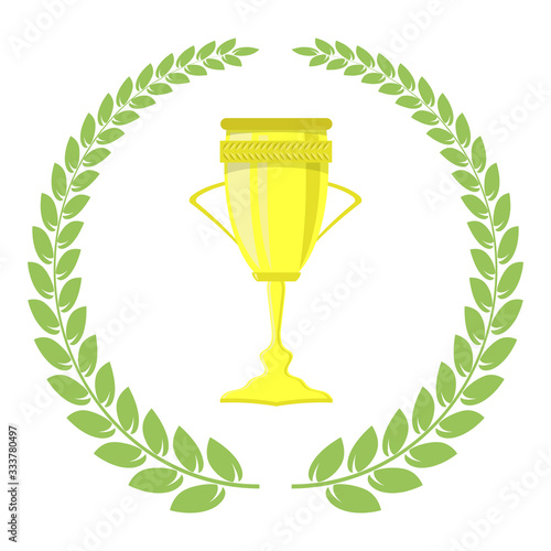 Green Leaves. Different Wreath. Award Icon. Placement in a Sporting Competition Contest or Business and Education Challenge. Round Label with Laurel Whreat for First Place.