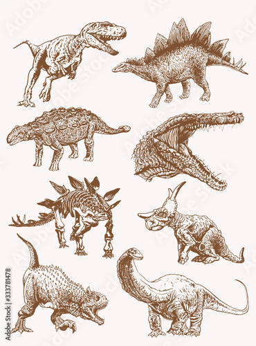 Graphical vintage set of  dinosaurs,vector sepia illustration