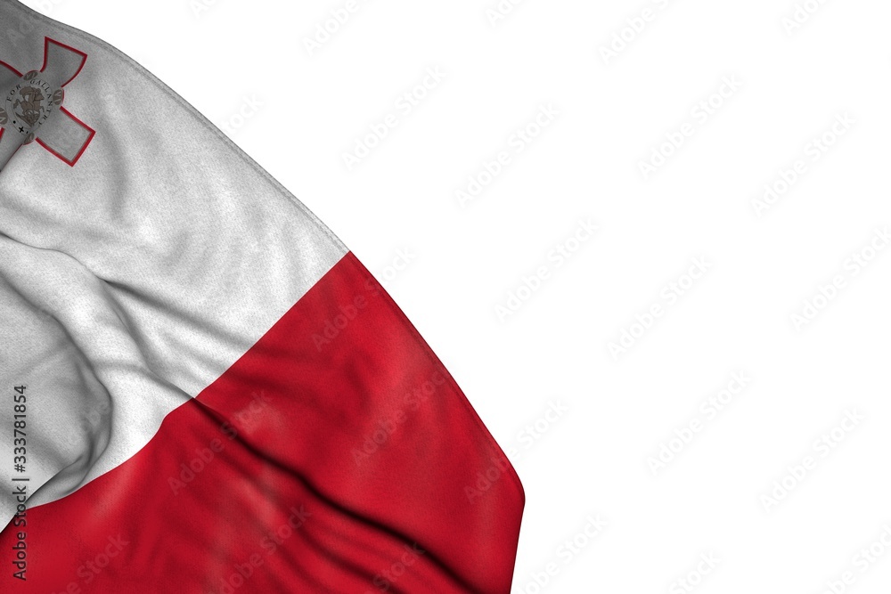 wonderful memorial day flag 3d illustration. - Malta flag with big folds lay in bottom left corner isolated on white