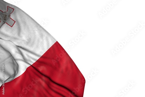 wonderful memorial day flag 3d illustration. - Malta flag with big folds lay in bottom left corner isolated on white