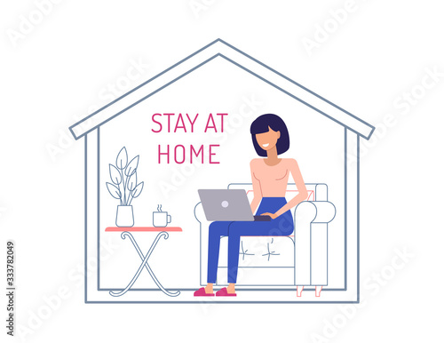 Stay at home, stay safe, save lives. Self-isolation, quarantine in order to prevent spreading coronavirus.