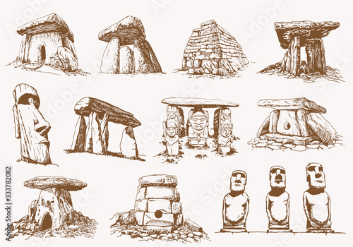 Graphical vintage set of  dolmens,vector sepia illustration, religion elements photo