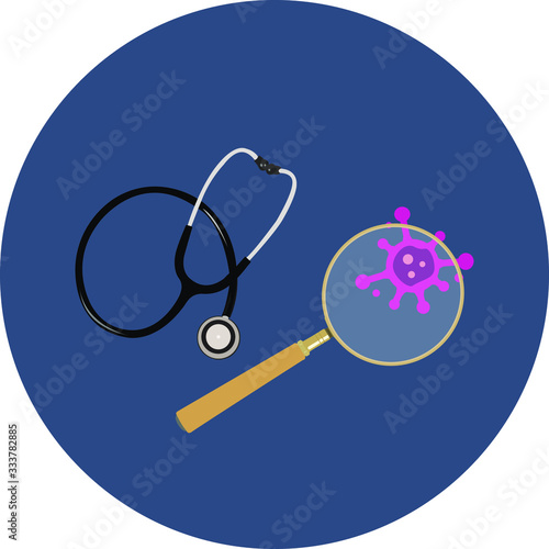 Under observation illustration, stethoscope , magnifying glass and virus / coronavirus