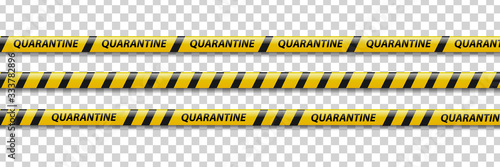 Vector set of realistic isolated quarantine caution tape with yellow and black stripes for decoration on the transparent background. Concept of pandemic precaution.