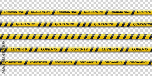 Vector set of realistic isolated quarantine caution tape with yellow and black stripes for decoration on the transparent background. Concept of pandemic precaution.