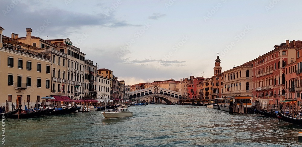 Panoramic photo of the Grand Canal in Italian Venice at sunset.