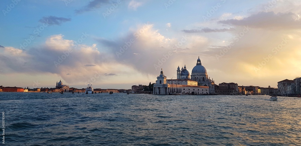 Panoramic photo of the Venetian lagoon in the evening. Traveling in Italy.