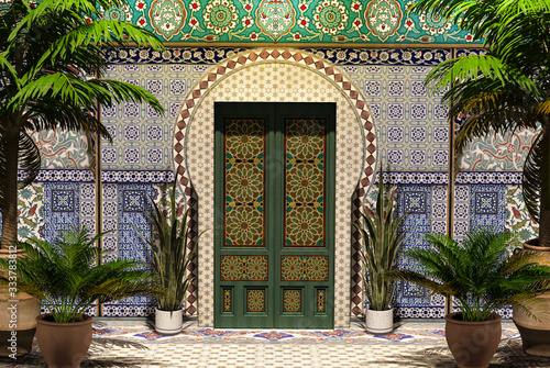 Arabic home facade with front door, yard and palm trees photo