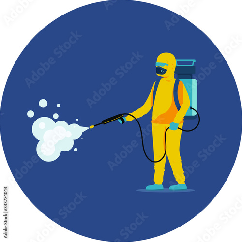 Man wearing safety suit and spraying to kill germs