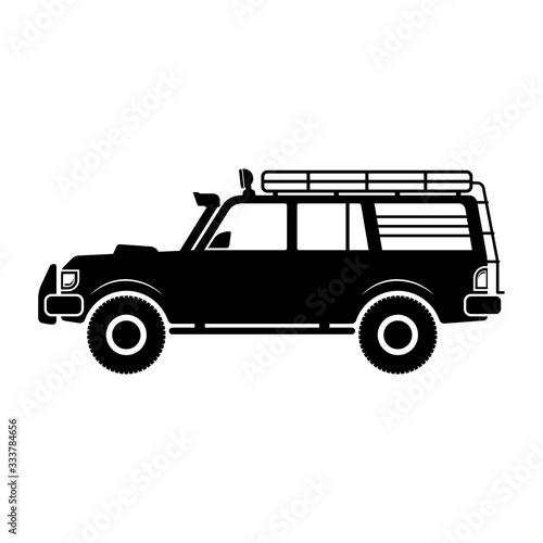 Large expeditionary SUV icon. Black silhouette. Side view. Car for travel, tourism and off-road. Vector graphic illustration. Isolated object on a white background. Isolate.