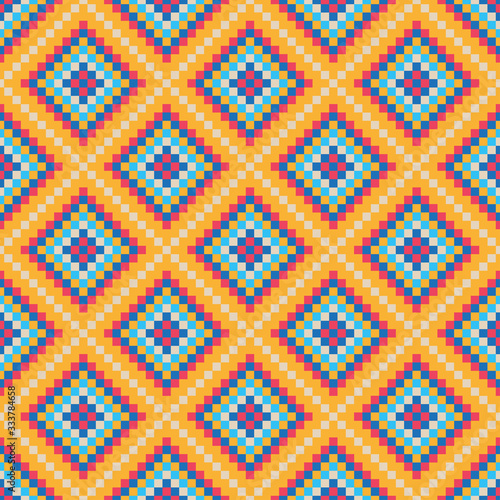 Bright multi-colored pixel squares and rhombuses. Seamless pattern. Vector graphic illustration. Background. Texture.