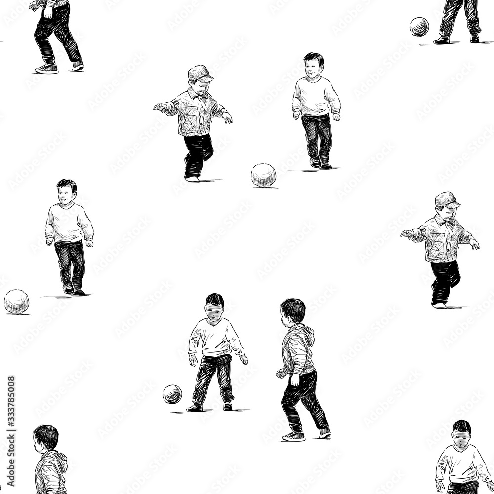 Seamless background of sketches little boys playing ball