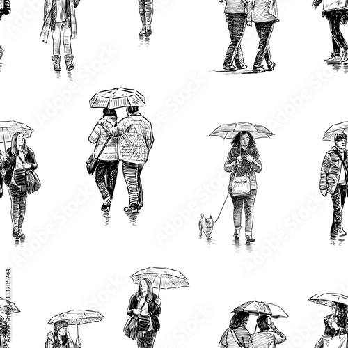 Seamless background of sketches townspeople under umbrellas walking along street