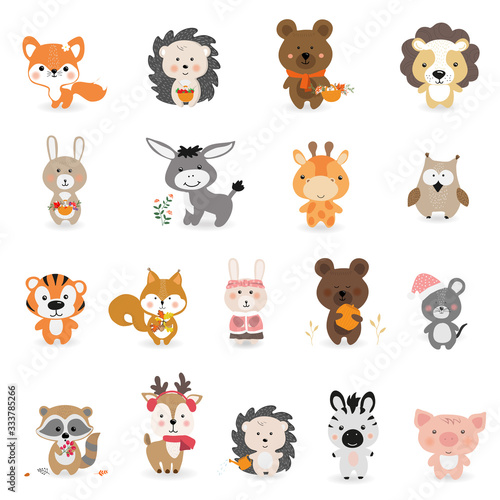 Set of vector cute animals in cartoon style. A collection of small animals in the children s style.