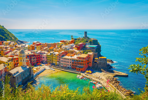 Cityscape of Vernazza, one of five villages at famous Cinque Terre of Italy 