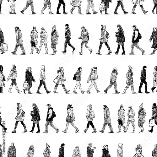 Seamless pattern of sketches casual city pedestrians walking along street