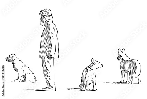 Sketch of citizen with his dogs going for a stroll