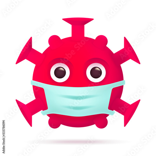 Red Virus Emoticon with Medical Mask. Coronavirus Emoji Character Symbol. COVID-19 Pandemic 3D Icon. Modern Flat Vector Illustration. Eps 10