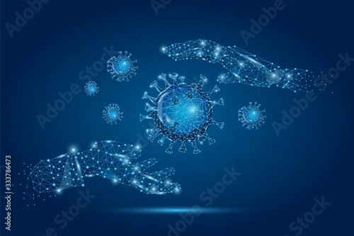 Closeup hand holds a virus. Virus research concept, innovative medical technology, COVID-19 coronavirus. Low poly wireframe isolated on blue background illustration.