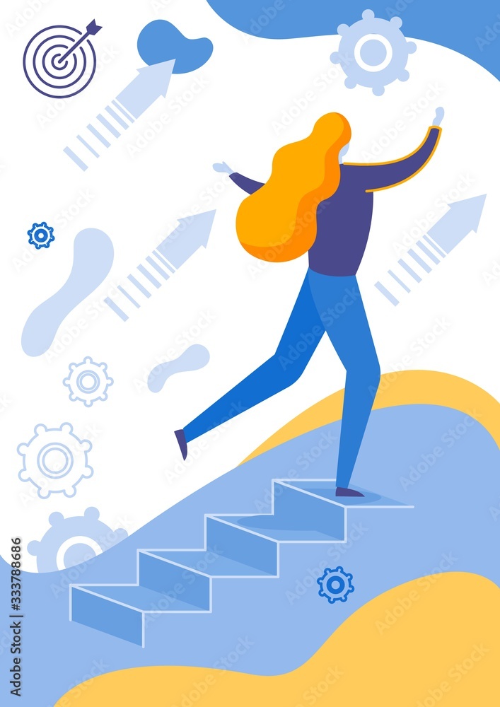 Woman Going up by Stairs to Achieve Success Flat Cartoon Vector Illustration. Mnader Having Personal Development and Promotion at Workplace. Growing Arrows, Target Hitting. Gears on Background. Woman Going up by Stairs to Achieve Success Flat Cartoon Vector Illustration. Mnader Having Personal Development and Promotion at Workplace. Growing Arrows, Target Hitting. Gears on Background.