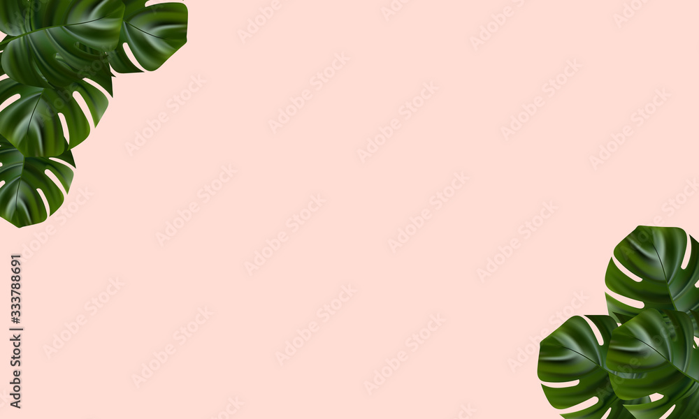 Tropical beach. Floral jungle palm background. Vector tropic illustration. Exotic tropical jungle rainforest bright green monstera leaves border frame template on pink background. - obrazy, fototapety, plakaty 