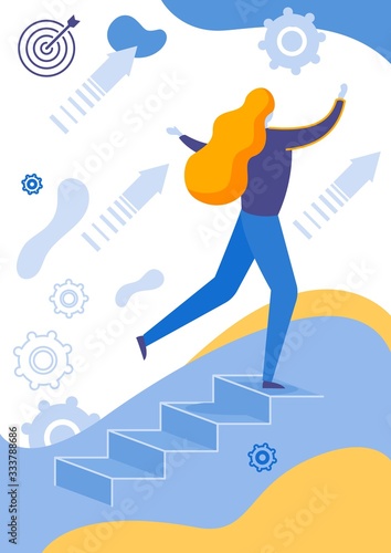 Woman Going up by Stairs to Achieve Success Flat Cartoon Vector Illustration. Mnader Having Personal Development and Promotion at Workplace. Growing Arrows, Target Hitting. Gears on Background.