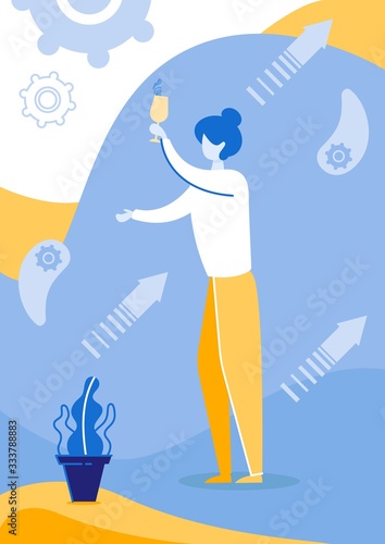 Woman Standing and Raising Hand with Cocktail in Glass Flat Cartoon Vector Illustartion. Having Good Time after Working Day. Party with Collegue on Weekend. Manager or Worker Celebrating.